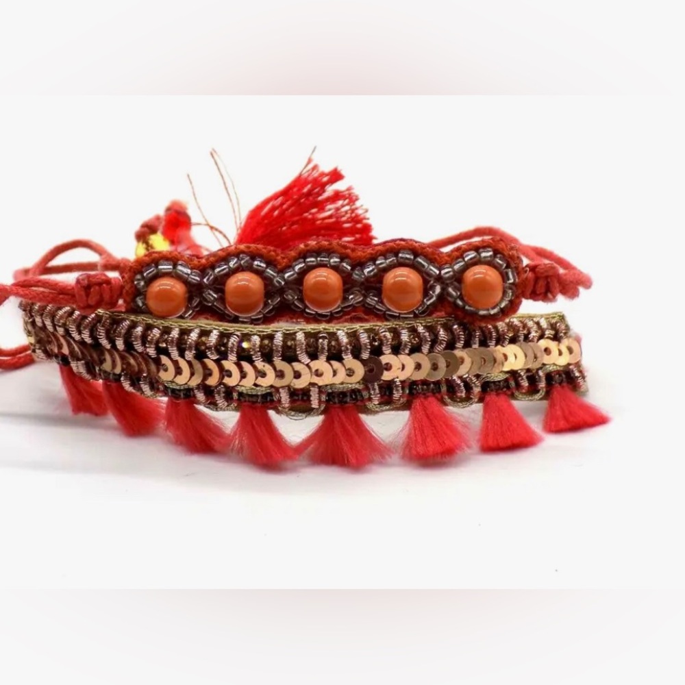 Deepa Boho Friendship Slider Bracelet 2-Pc. Set Coral Color Beads Fringe Tassel